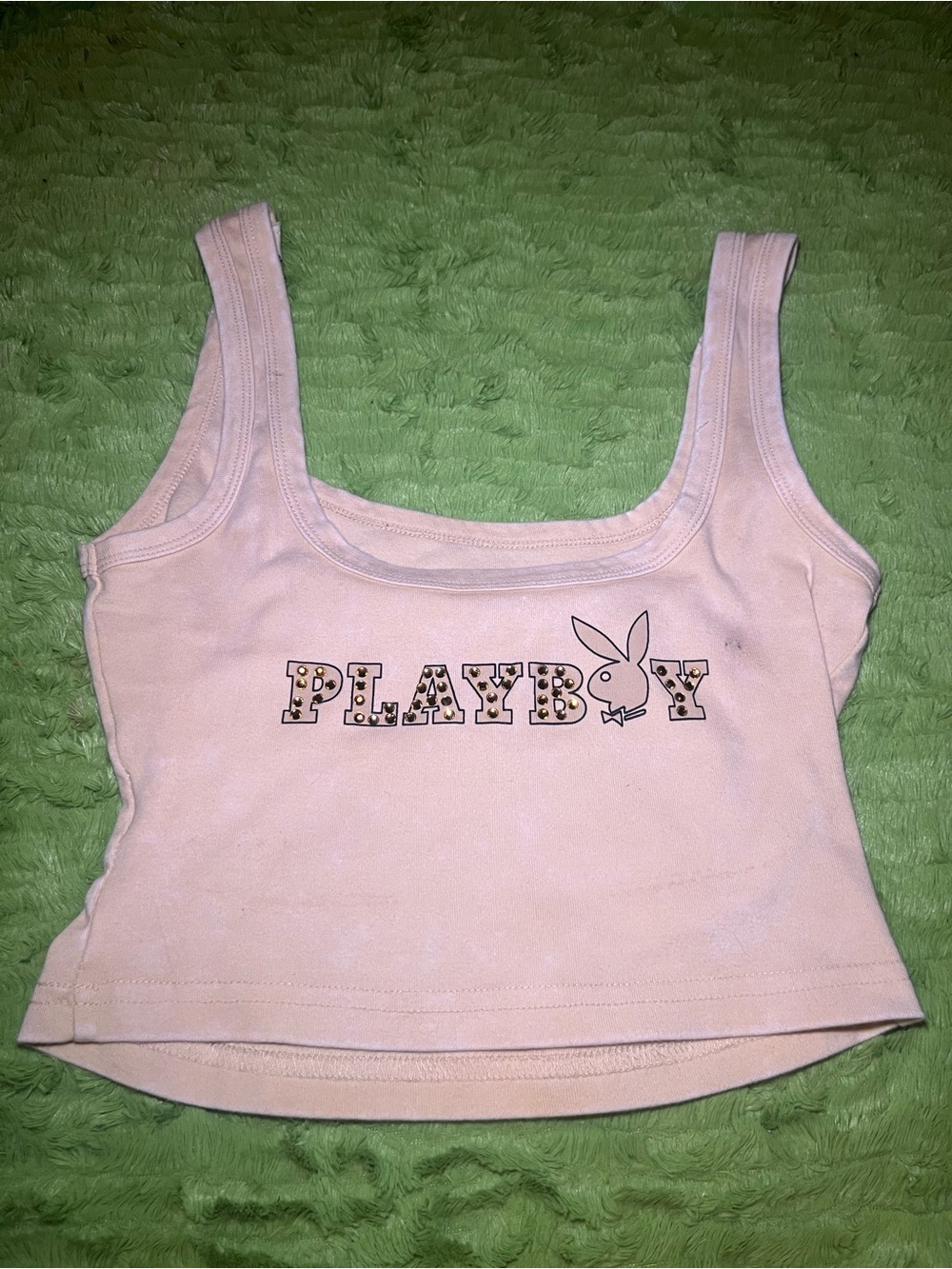 PLAYBOY Beige Leopard Rhinestone cropped logo tank